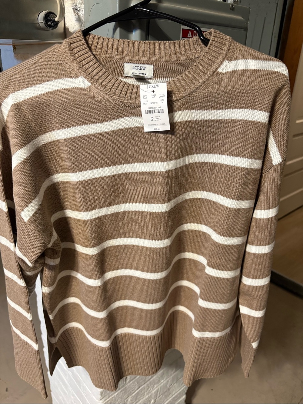 J.Crew Factory Cream and Brown Striped Crewneck Sweater